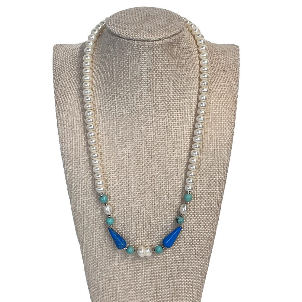 Vintage Sterling Silver Pearl Turquoise Blue Single Strand Necklace 18" (#28)